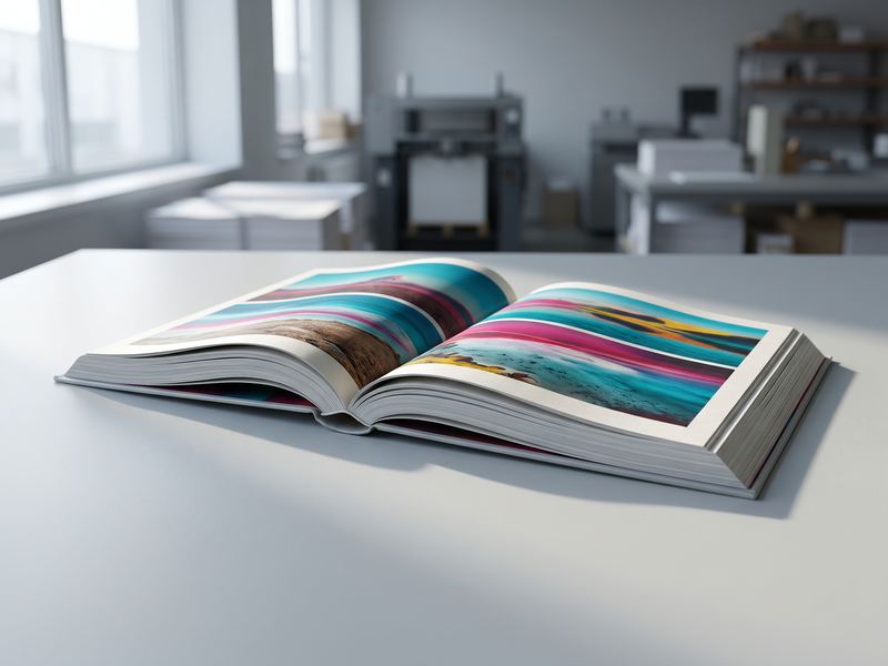 An open coffee table book with a full-bleed photo spread