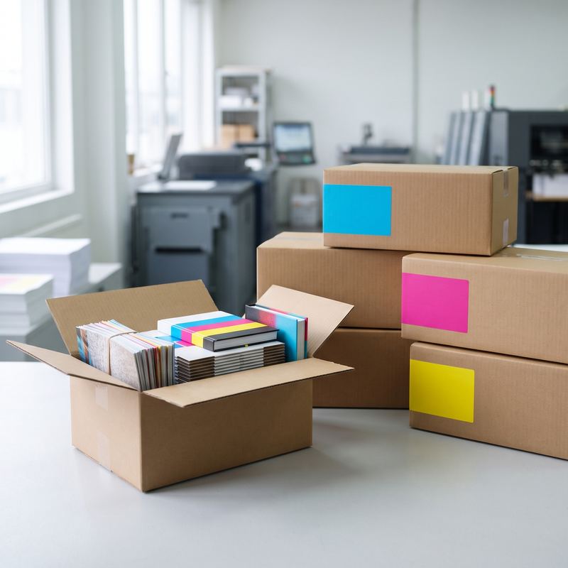 Packed cartons with coloured labels, ready for delivery